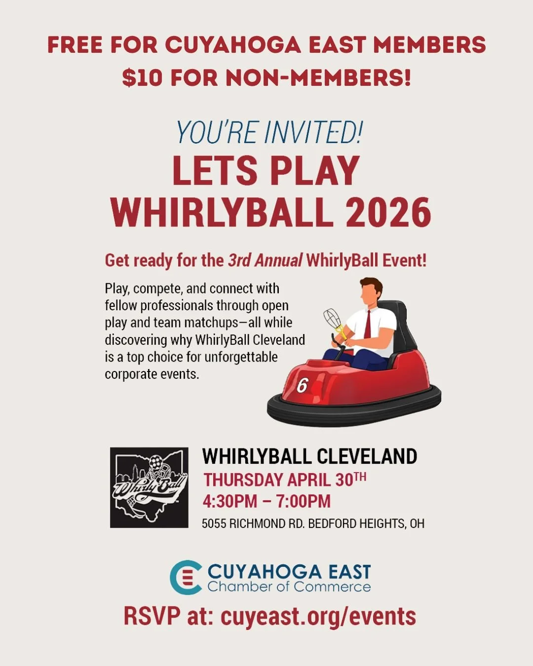 Looking for something to do next Thursday? Look no further! WhirlyBall and Cuyahoga East Chamber of Commerce are hosting the third annual Networking Night! $10 for non members, free for members of the Cuy East CoC! RSVP Required! #gaming #thingstodoi