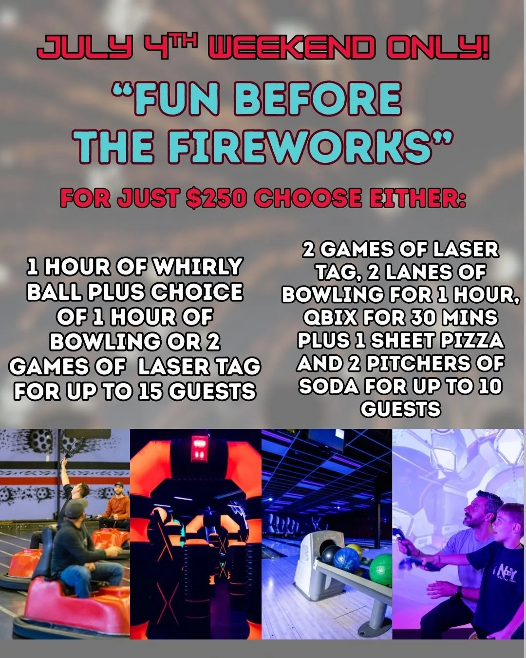 Spend some time at WhirlyBall with our "Fun Before the Fireworks" package! for just $250 you can choose from two different packages! This is available only July 4th weekend only and only by calling to reserve! 
#indooractivities #summer #cl