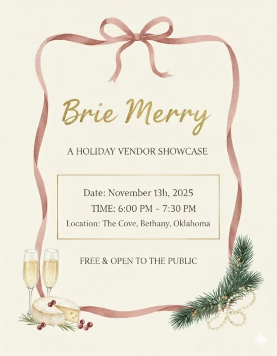 Calling all event pros!

We're hosting Brie Merry: A Holiday Vendor Showcase on Thursday, November 13th from 6-7:30 PM at The Cove in Bethany.

Looking for a few vendors to join us&mdash;mobile bars, decorators, photographers, DJs, planners, bakers, 