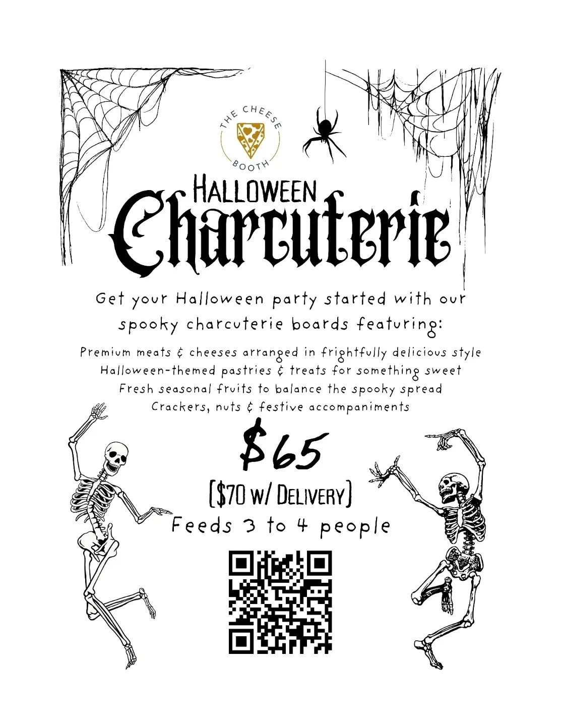 👻 HALLOWEEN CHARCUTERIE BOARDS 👻

Get your Halloween party started with our spooky charcuterie boards! 🎃

What's included:
Premium meats &amp; cheeses arranged in frightfully delicious style, Halloween-themed pastries &amp; treats, fresh seasonal 