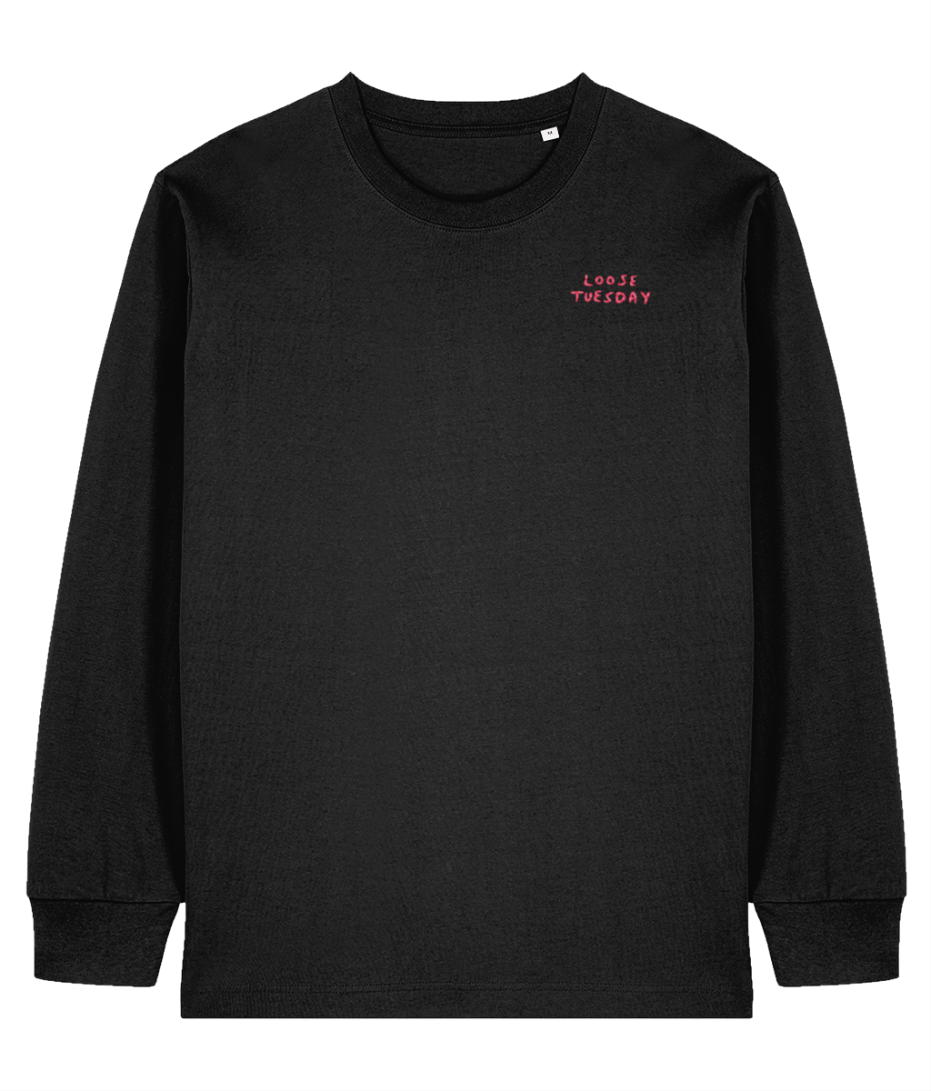 Loose Tuesday Block Long Sleeve Tee — front view, small chest logo in hot pink on black
