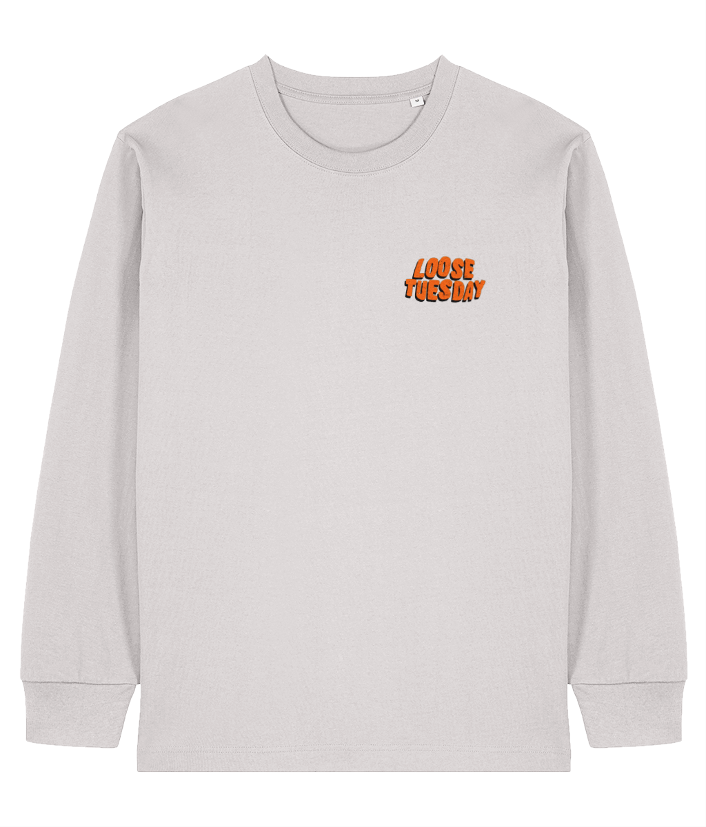 Checkerboard long sleeve t-shirt in cool grey with black and orange print — Loose Tuesday