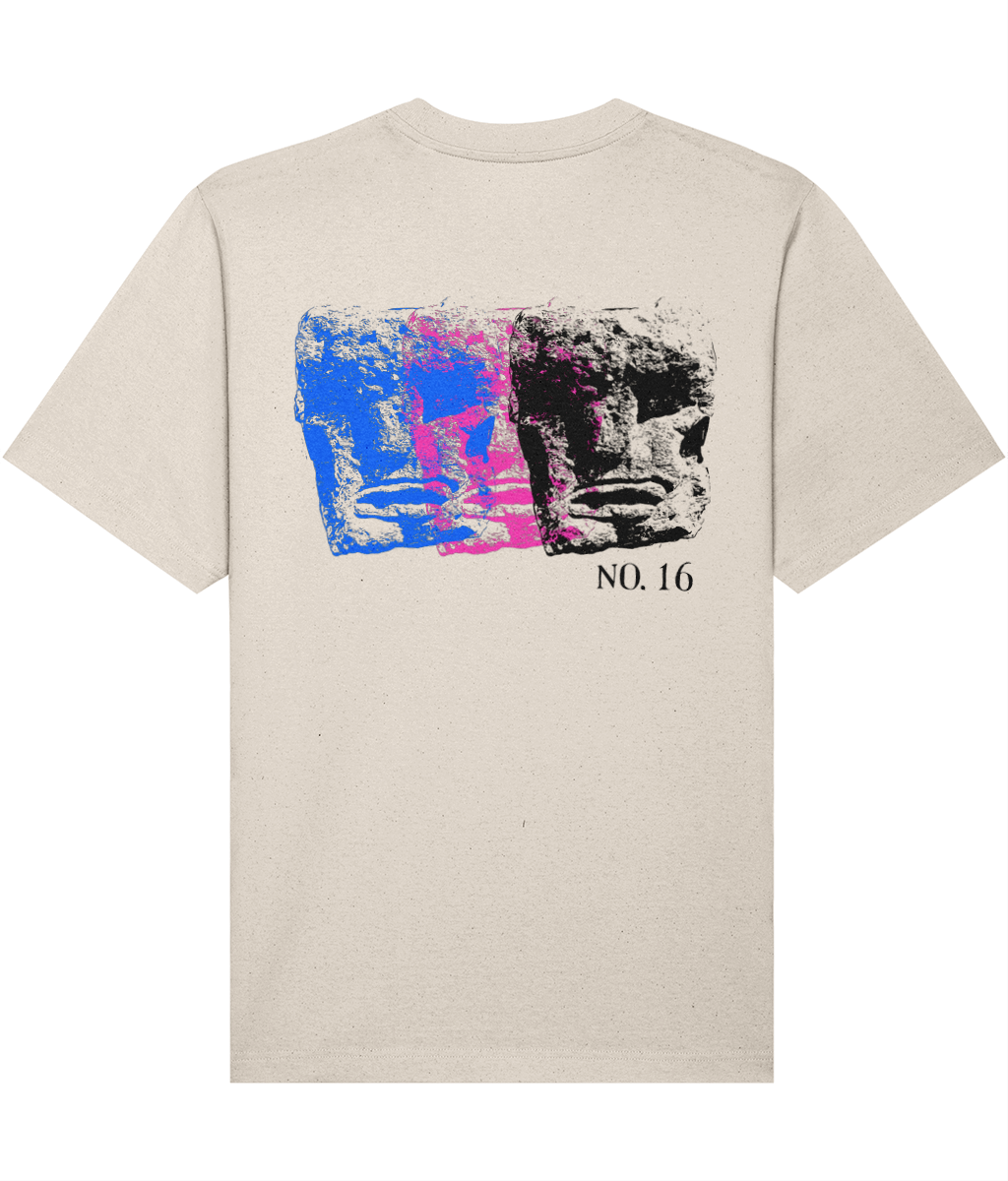 Catalogued t-shirt in natural raw cotton with small embroidered chest type and large back print — Loose Tuesday