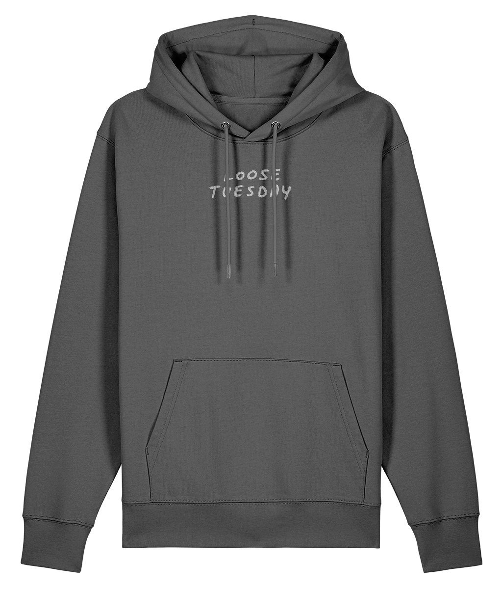 Loose Tuesday Mantra Hoody — front view, chest embroidery on anthracite