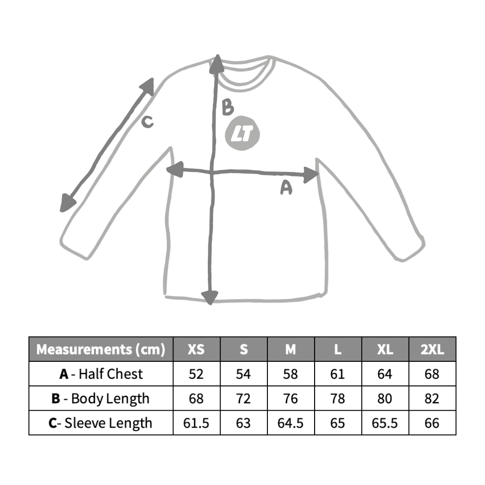 Size guide chart showing chest and length measurements
