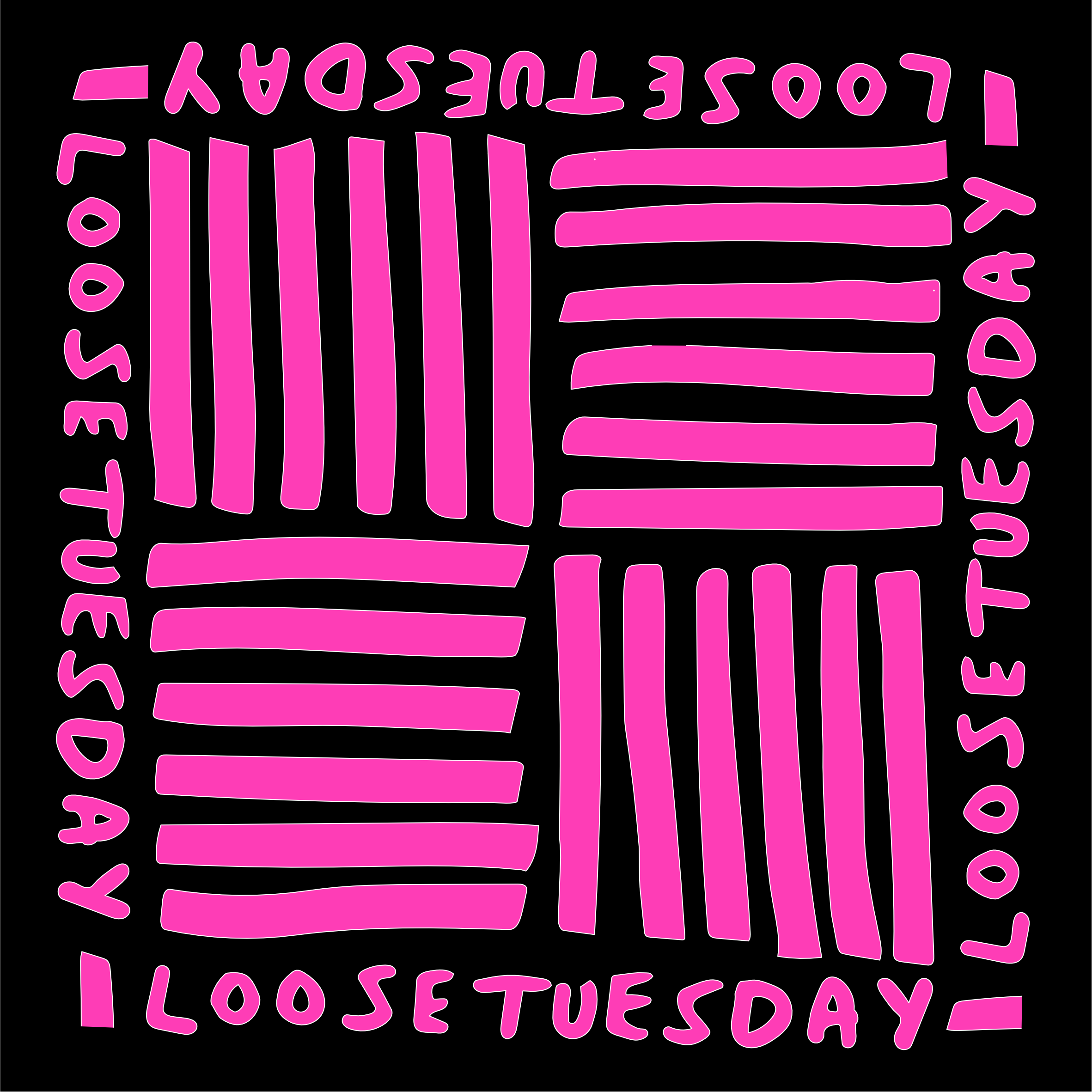 Loose Tuesday Block graphic — hot pink repeating grid and type pattern on black