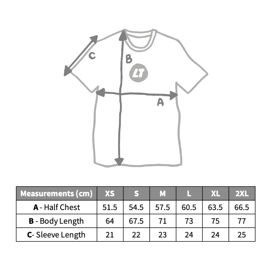 Size guide chart showing chest and length measurements