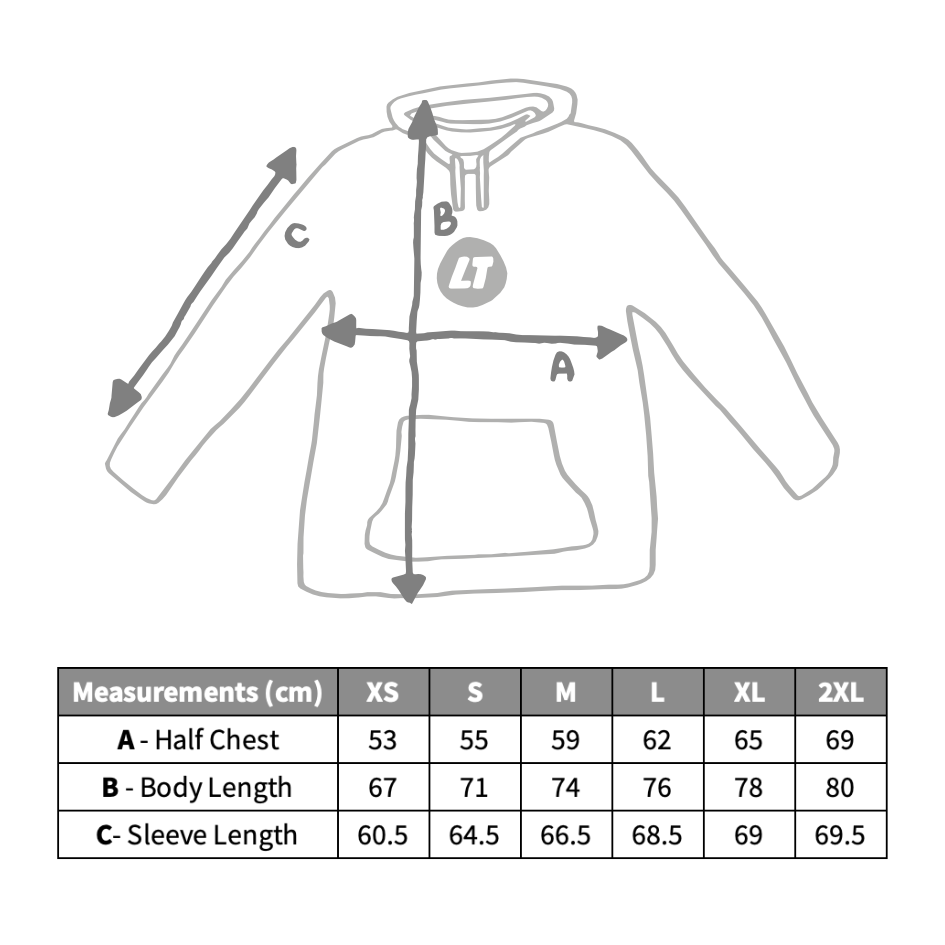 Size guide chart showing chest and length measurements