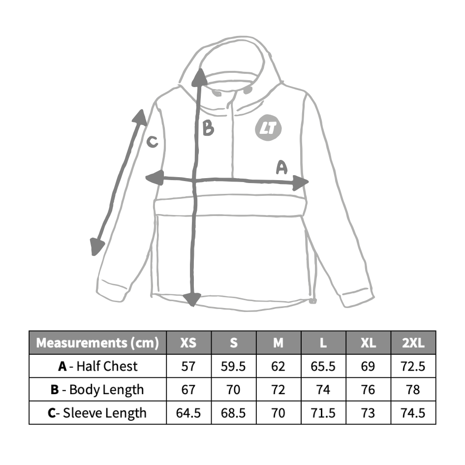 Size guide chart showing chest and length measurements