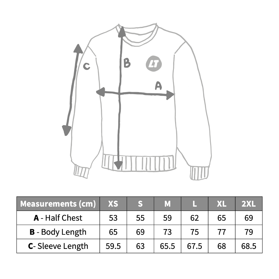 Size guide chart showing chest and length measurements