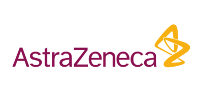 AstraZeneca logo with purple text and a yellow abstract symbol on a white background.