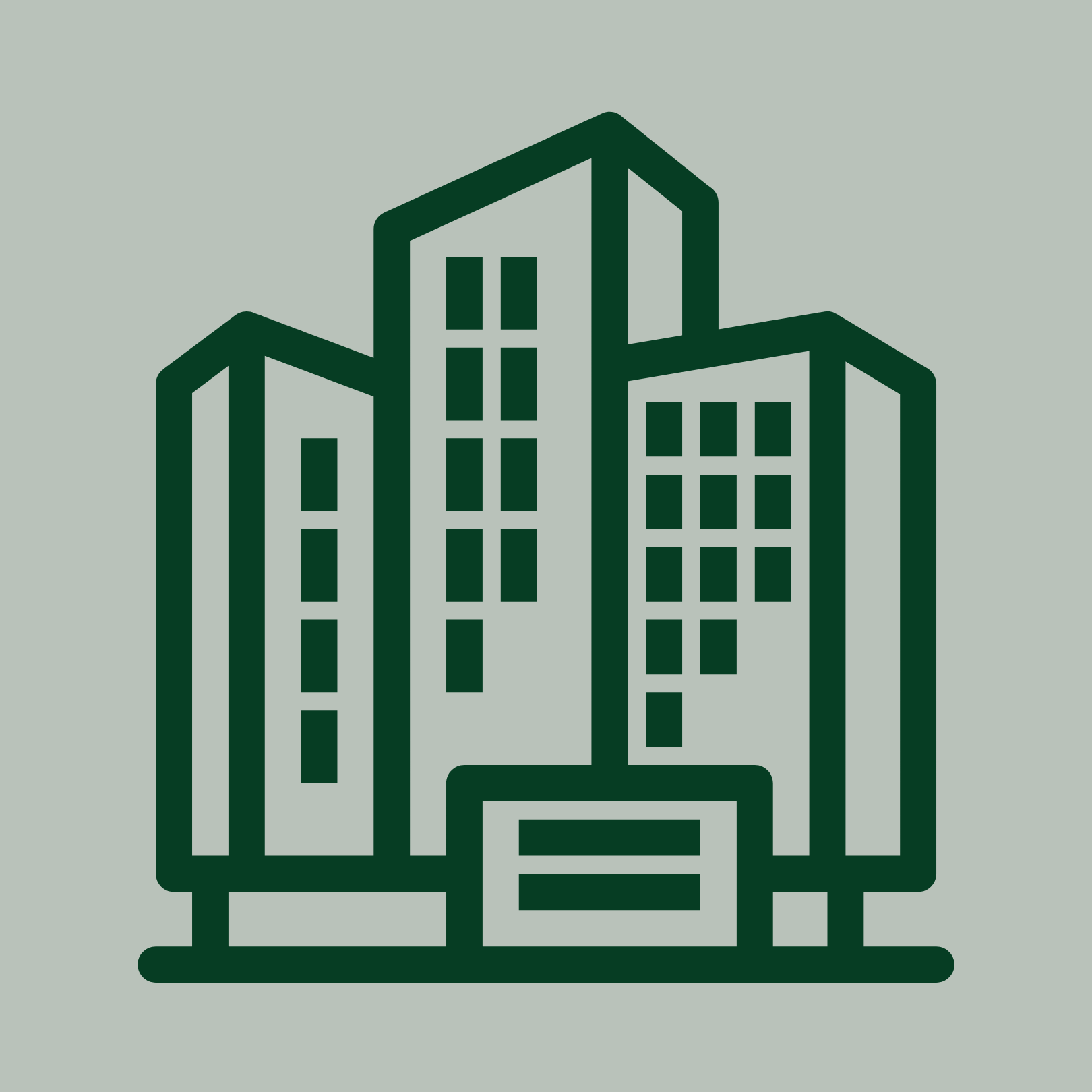 Line drawing of a cityscape with tall buildings on a mint green background.
