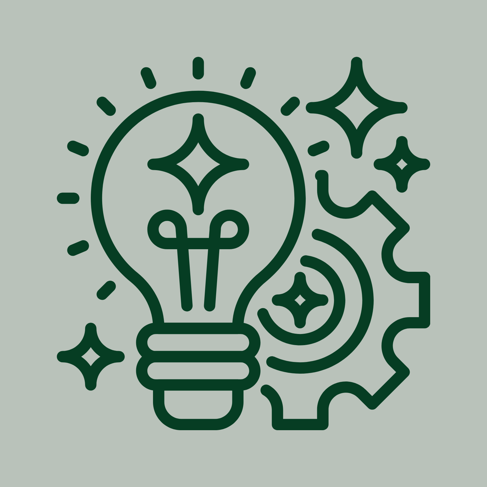 Line drawing of a light bulb with sparkles and gears around it, symbolizing ideas and innovation.