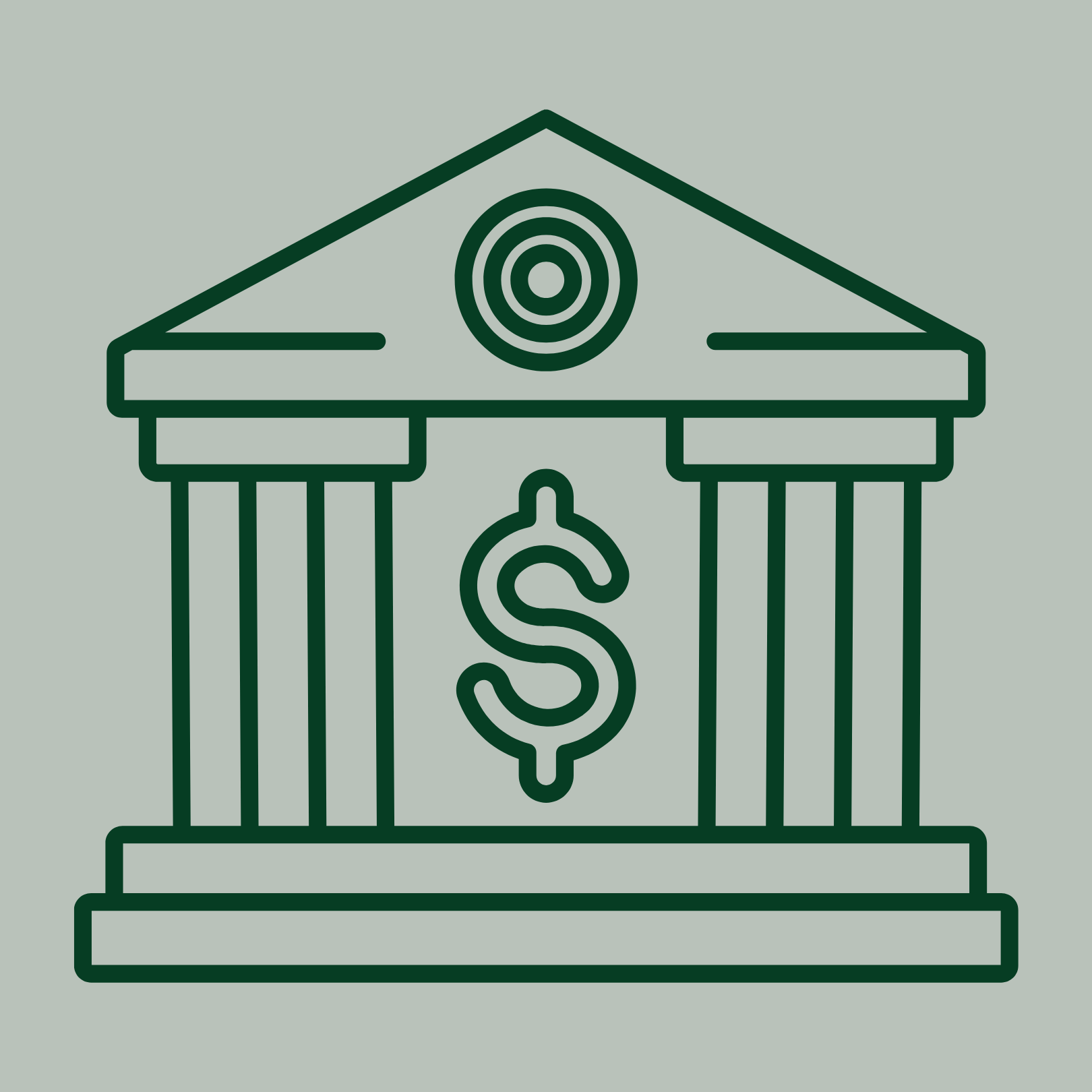 Illustration of a classical government building with a dollar sign on the door and a target symbol at the top, representing financial or political focus.