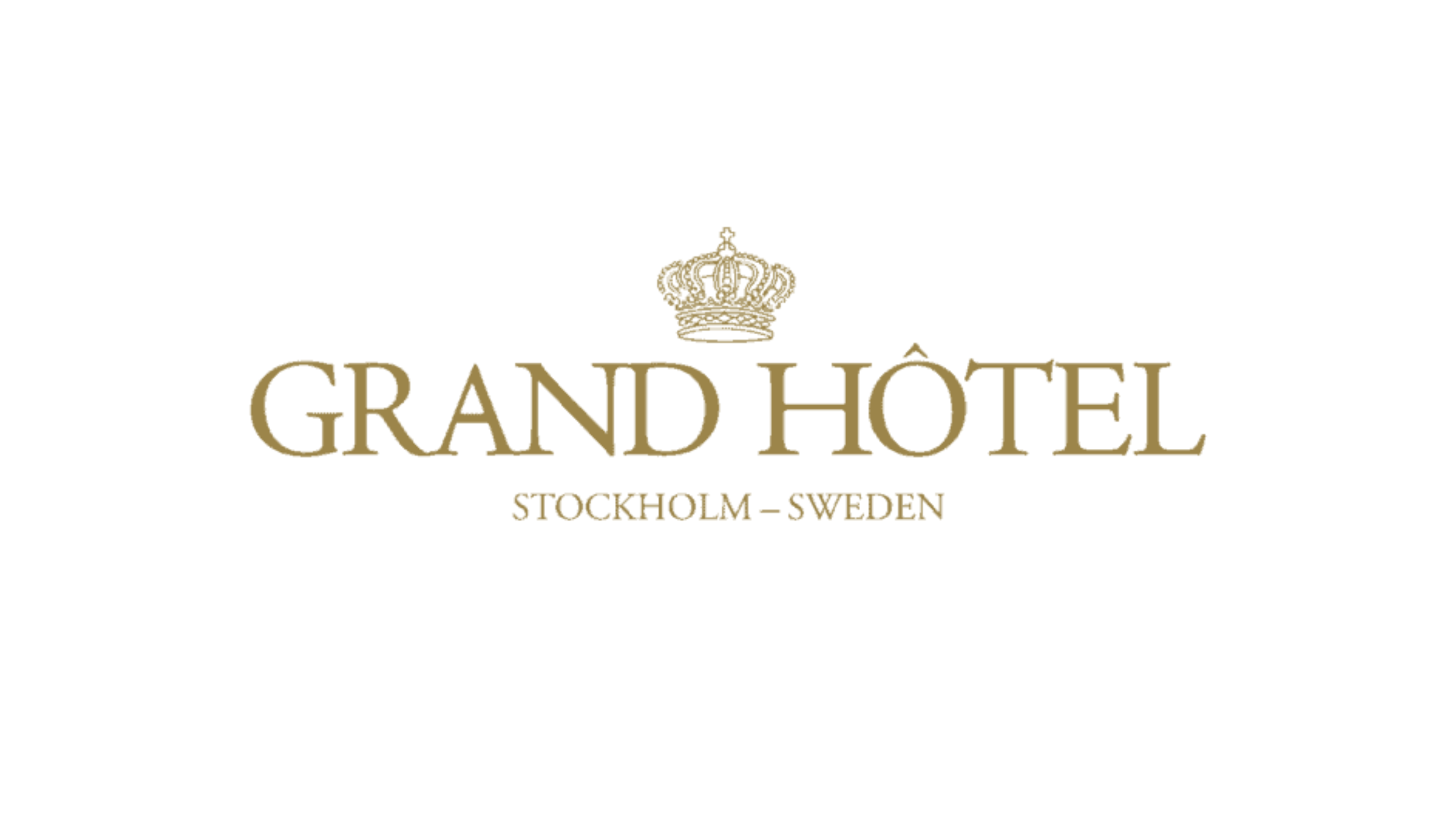 Logo for Grand Hotel in Stockholm, Sweden featuring a gold crown and elegant text.