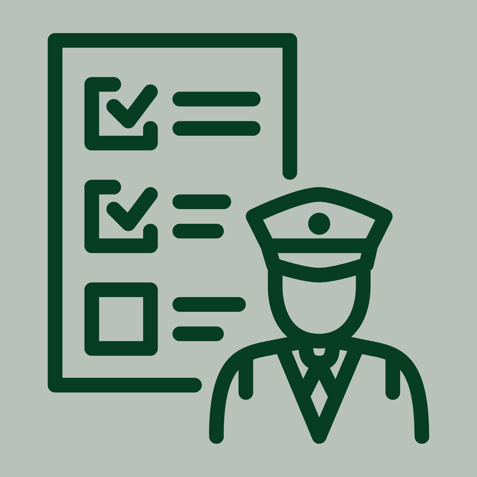 Icon of a person in a suit and hat in front of a checklist with checks and lines.