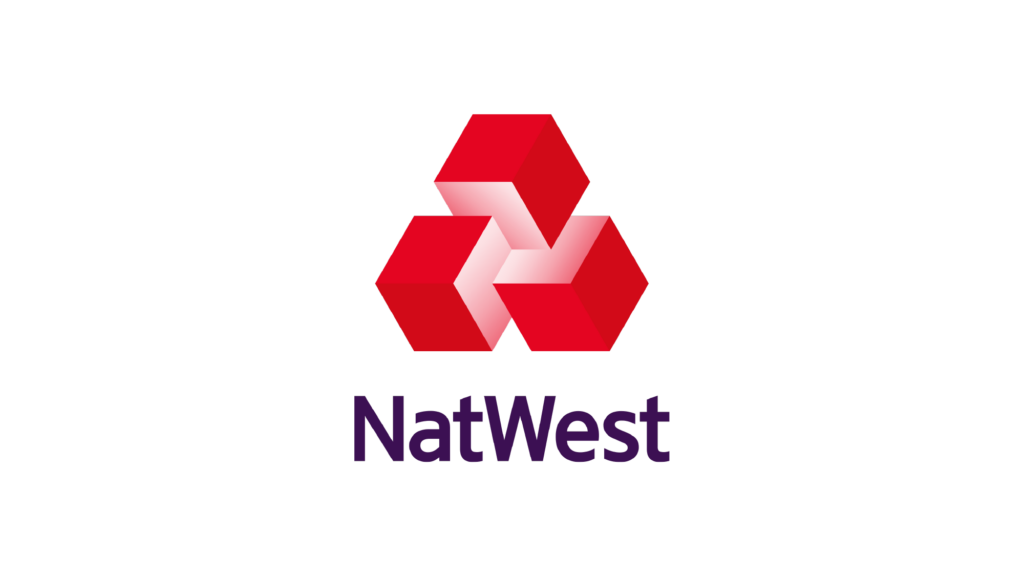NatWest logo with three red cubes and purple text.