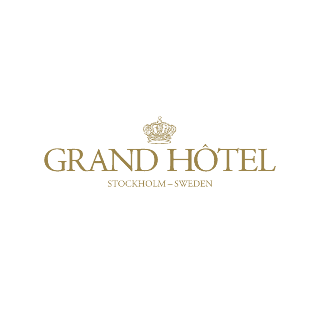 Logo of Grand Hotel in Stockholm, Sweden, featuring a gold crown above the text.