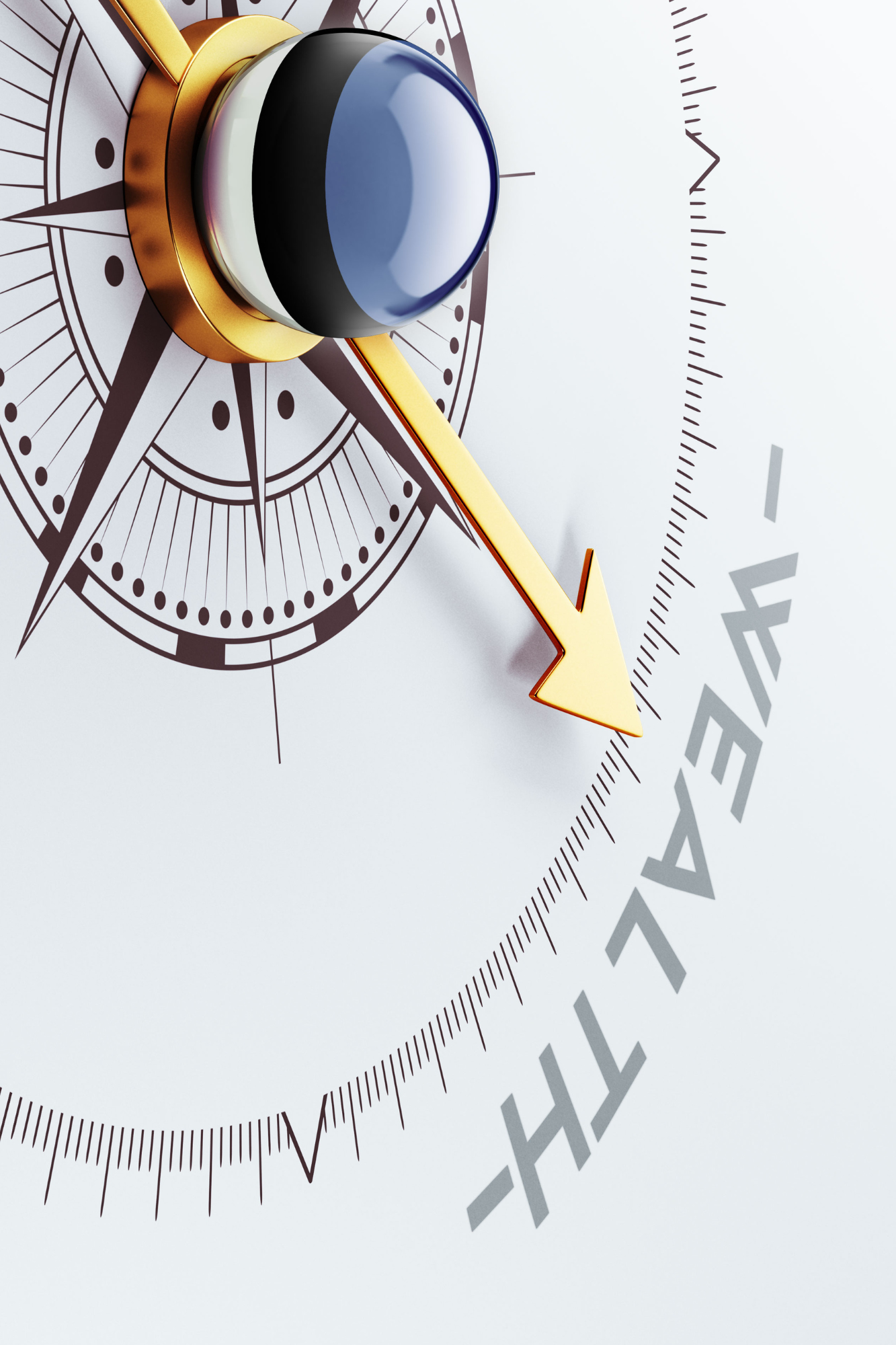 Boussole avec flèche pointant vers "wealth" sur fond clair.