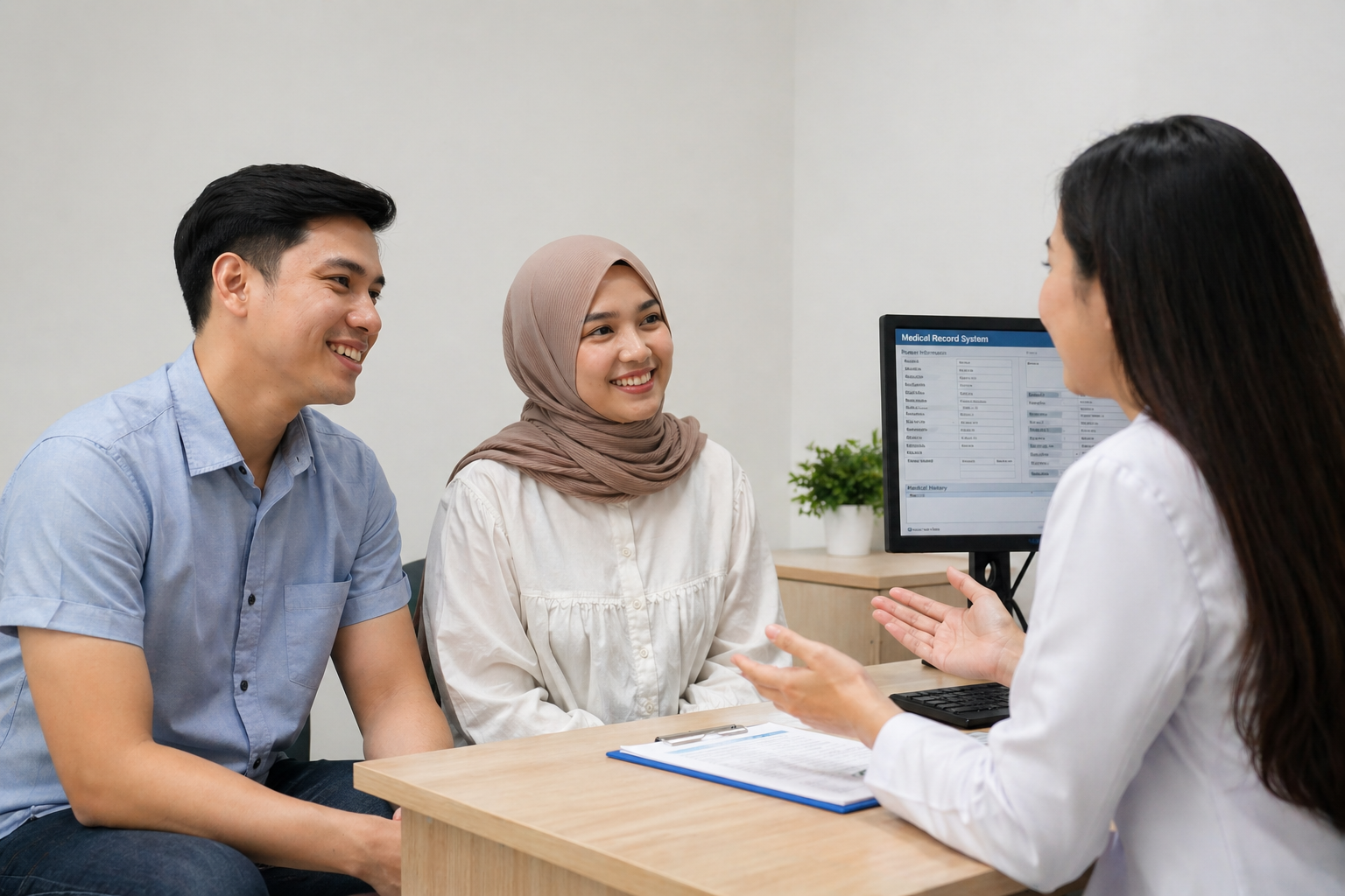 pasangan melakukan skrining pranikah dengan dokter. konseling pranikah, check up pranikah, premarital check up, tes kesehatan pranikah, skrining pranikah, vaksin HPV pranikah, vaksin hepatiti B pasangan, pasangan menikah