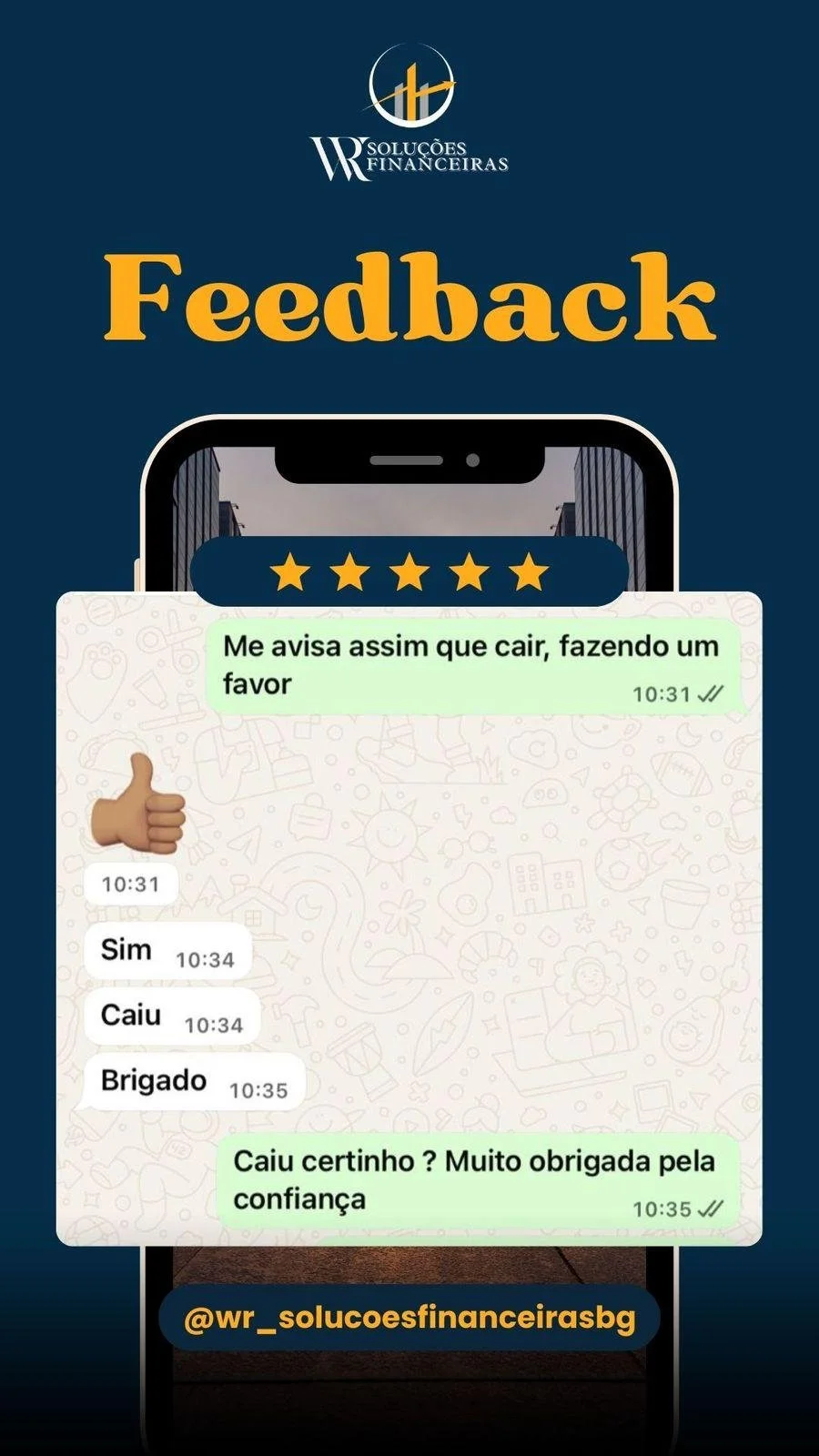 Imagem de uma tela de celular com uma conversa em um aplicativo de mensagens, mostrando uma avaliação de cinco estrelas e uma troca de mensagens onde a pessoa informa que caiu e foi socorrida pela equipe. A imagem inclui o logotipo de uma empresa de 