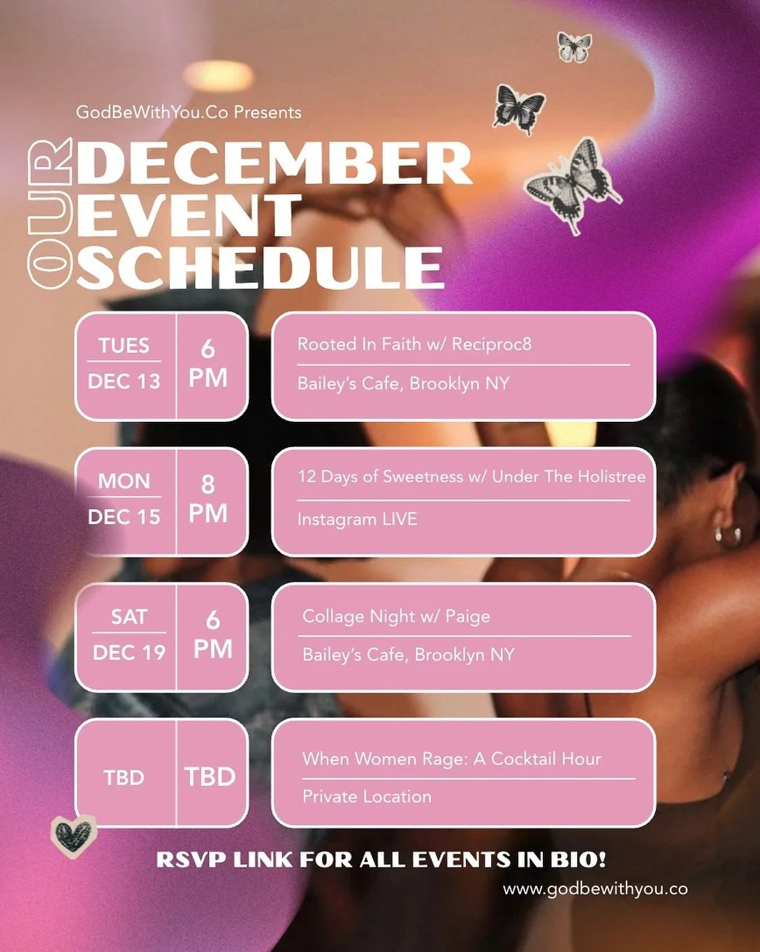 ✨ December is all about connection, creativity, and sweetness! 
Here&rsquo;s what&rsquo;s happening this month:

🌿 Tuesday, 12/13 | 6 PM &ndash; Rooted in Faith Floral Arrangement Class at Bailey&rsquo;s Cafe with @reciproc8_ a business that is all 