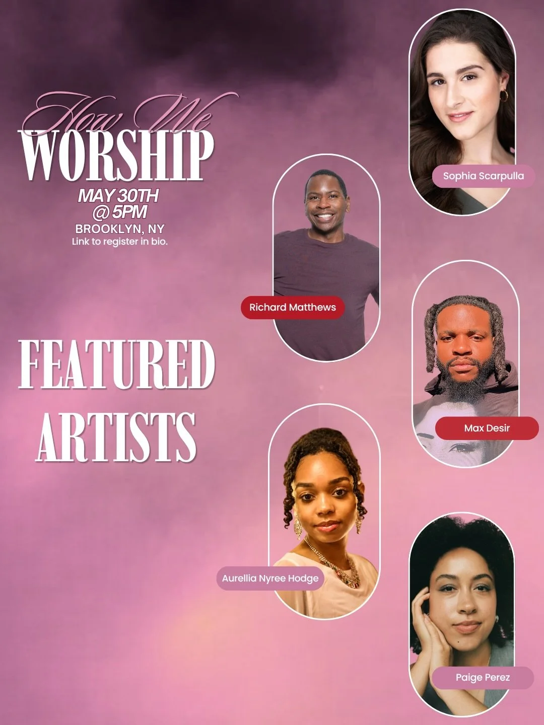 (1/2) 

HOW WE WORSHIP 🎶✨
We&rsquo;re so excited to introduce the first featured artists for How We Worship &mdash; a night centered around creativity, connection, and faith. 

These artists are bringing something deeply special to the space. From m