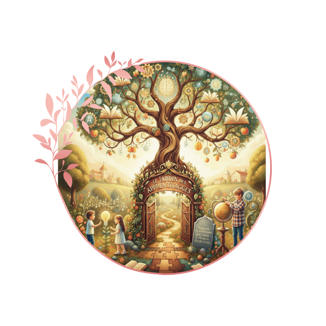 Illustration d'un arbre avec des livres, des symboles éducatifs, entouré de deux enfants, avec une porte d'entrée portant le texte 'Le Jardin des Apprentissages'.