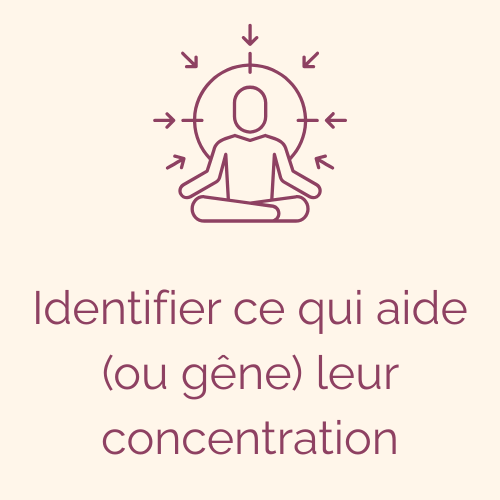 Illustration d'une personne en méditation avec des flèches pointant vers elle, accompagnée du texte "Identifier ce qui aide (ou gêne) leur concentration".