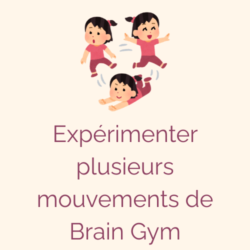 Trois filles de dessins animés sautant et faisant des mouvements de gymnastique, avec le texte "Expérimenter plusieurs mouvements de Brain Gym".