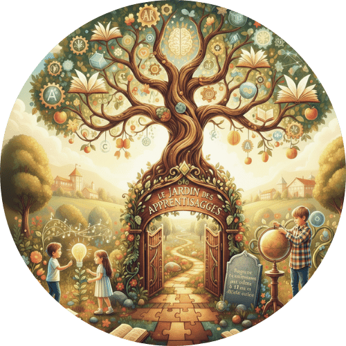 Un arbre au centre avec des livres et des symboles éducatifs, entouré de deux enfants, un avec une lampe et l'autre avec un globe, dans un jardin d'apprentissage enchanté.