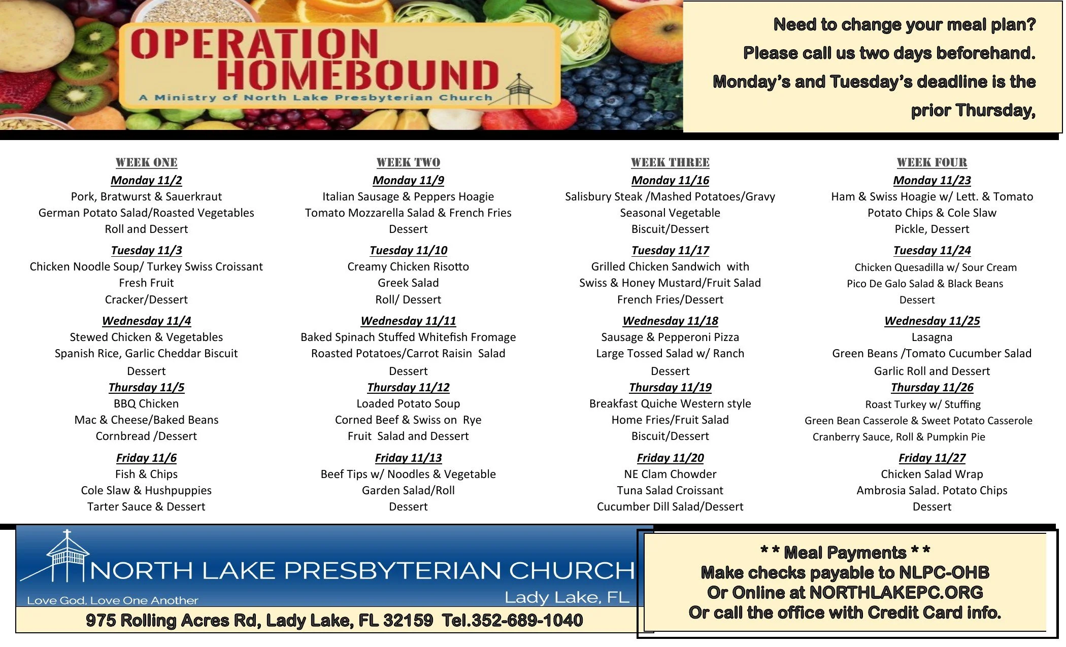 Printed Operation Homebound menu for November 2 through 27, 2026. The same meals are listed in the menu above.