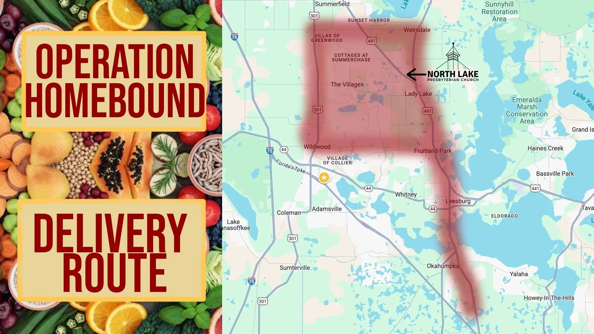 Map of the Operation Homebound delivery route: The Villages, Summerfield, Lady Lake, Fruitland Park and south along U.S. 441 to Leesburg