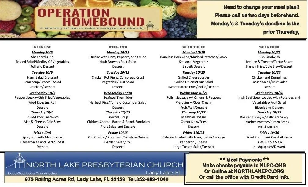 Printed Operation Homebound menu for October 5 through 30, 2026. The same meals are listed in the menu above.