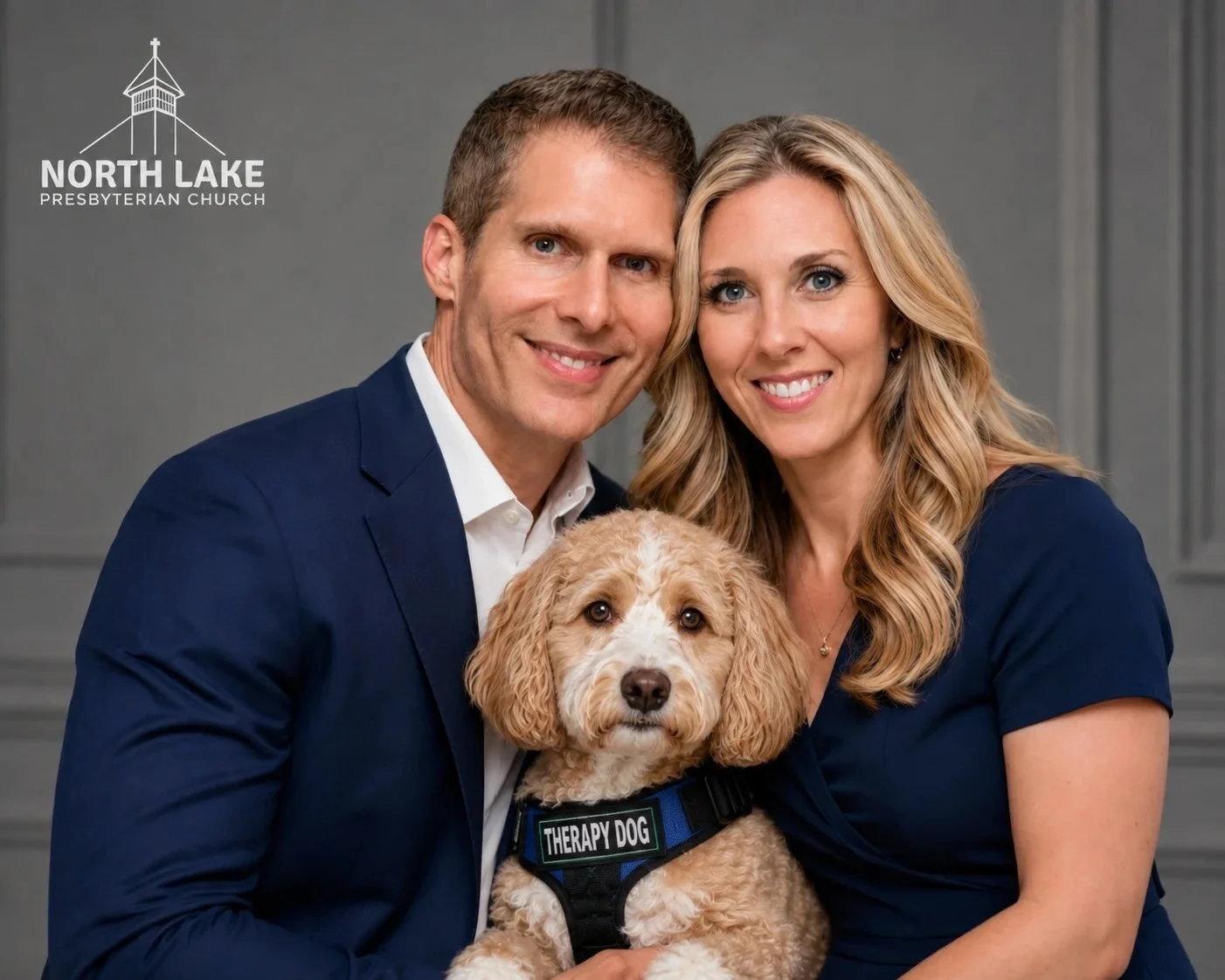 Pastor Kyle Hite with his wife, Christie, and their therapy dog, Deacon