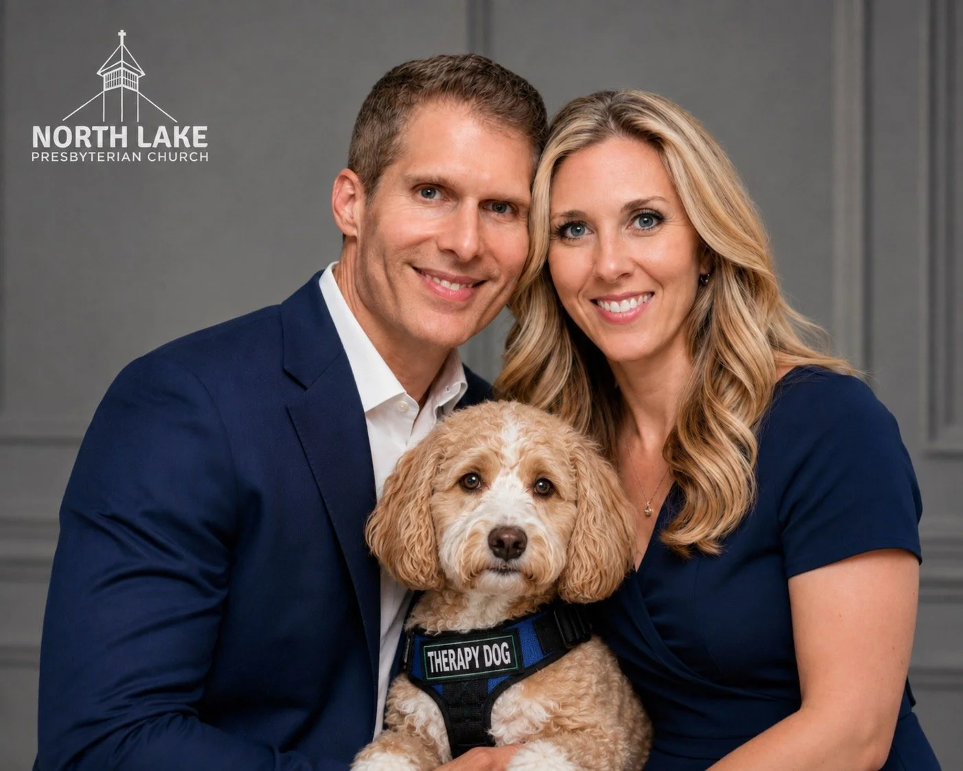Pastor Kyle Hite with his wife, Christie, and their therapy dog, Deacon