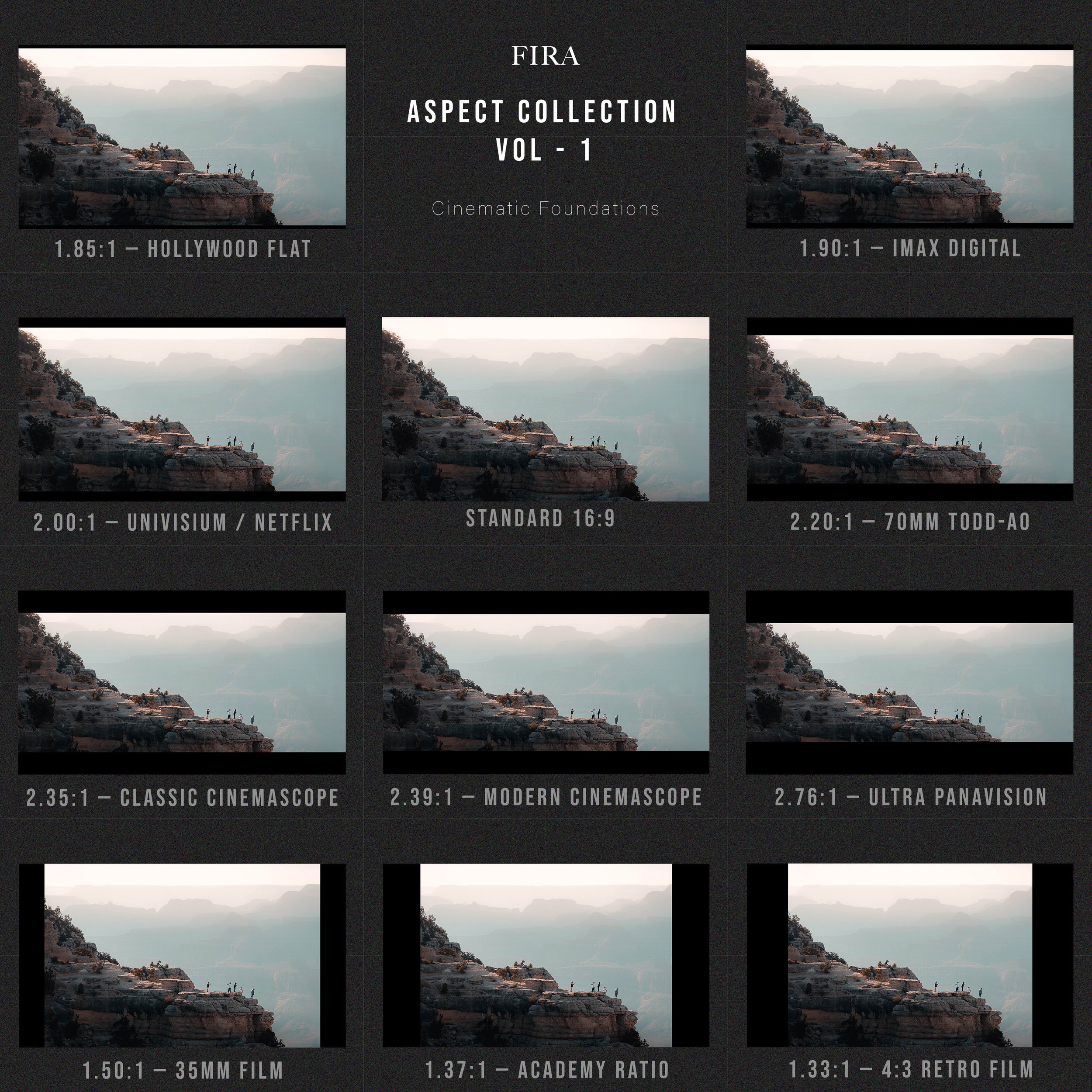 Grid comparing different aspect ratios and formats of a film scene of a cliffside landscape with people standing on the edge, with a central title card for FIRA Aspect Collection Volume 1.