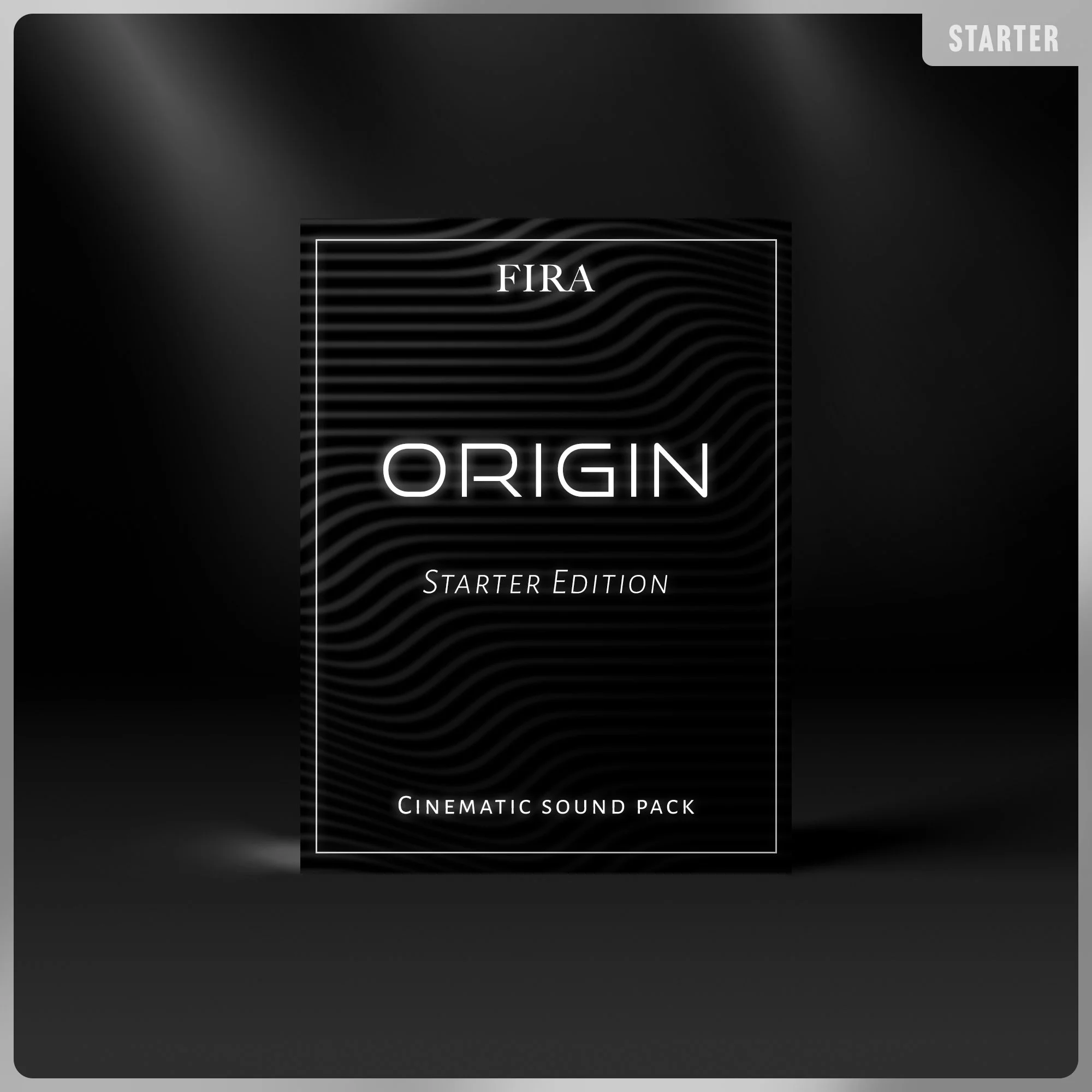 Black box with white wavy lines, text reads "FIRA ORIGIN Starter Edition Cinematic Sound Pack" on a dark, gradient background.