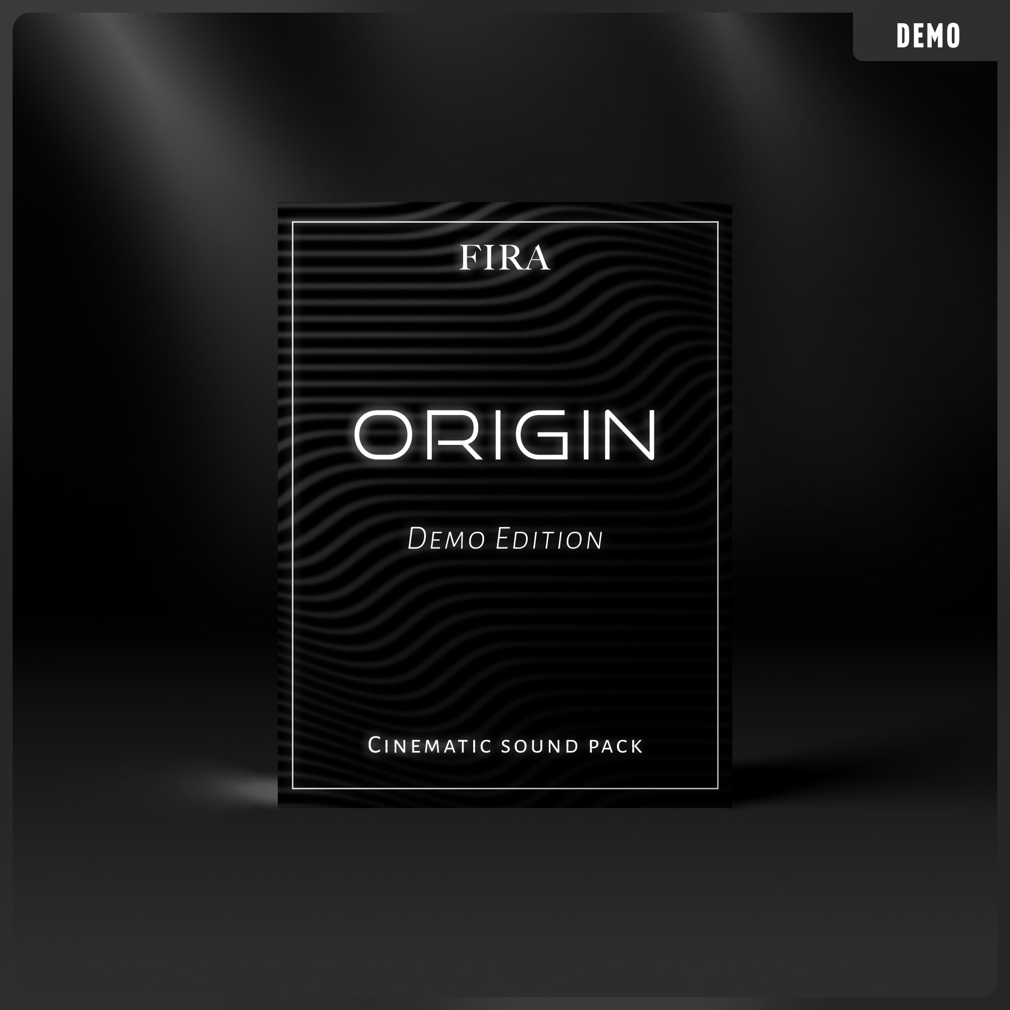 Black square cover with wavy lines, displaying the text 'FIRA ORIGIN Demo Edition' and 'Cinematic sound pack' in white, with a minimalistic design.