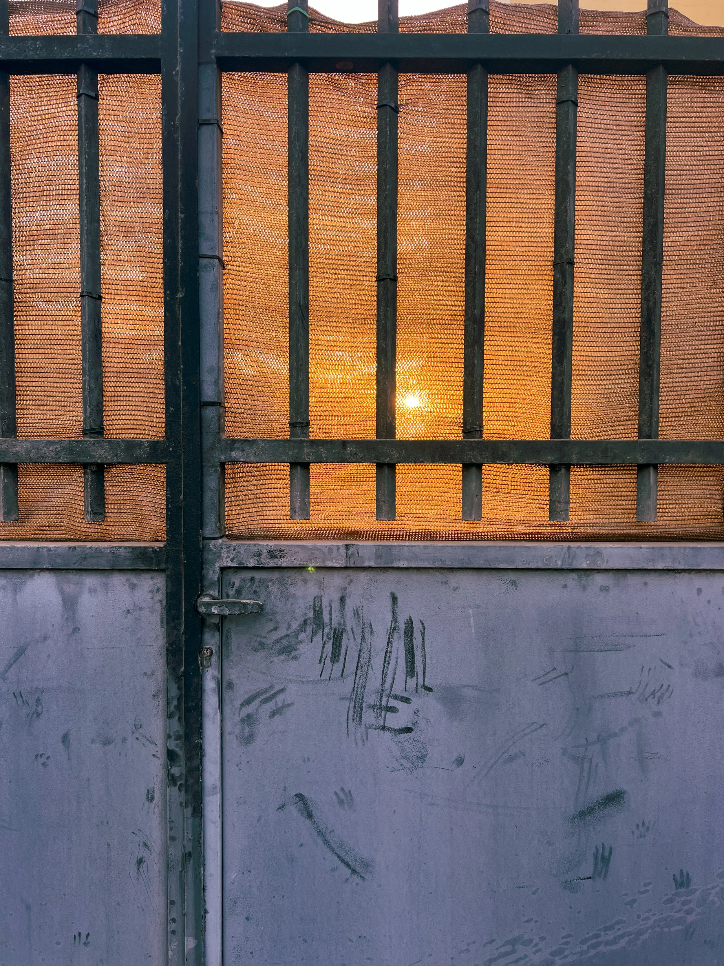Sunlight shining through an orange mesh-covered metal gate with graffiti and a door handle