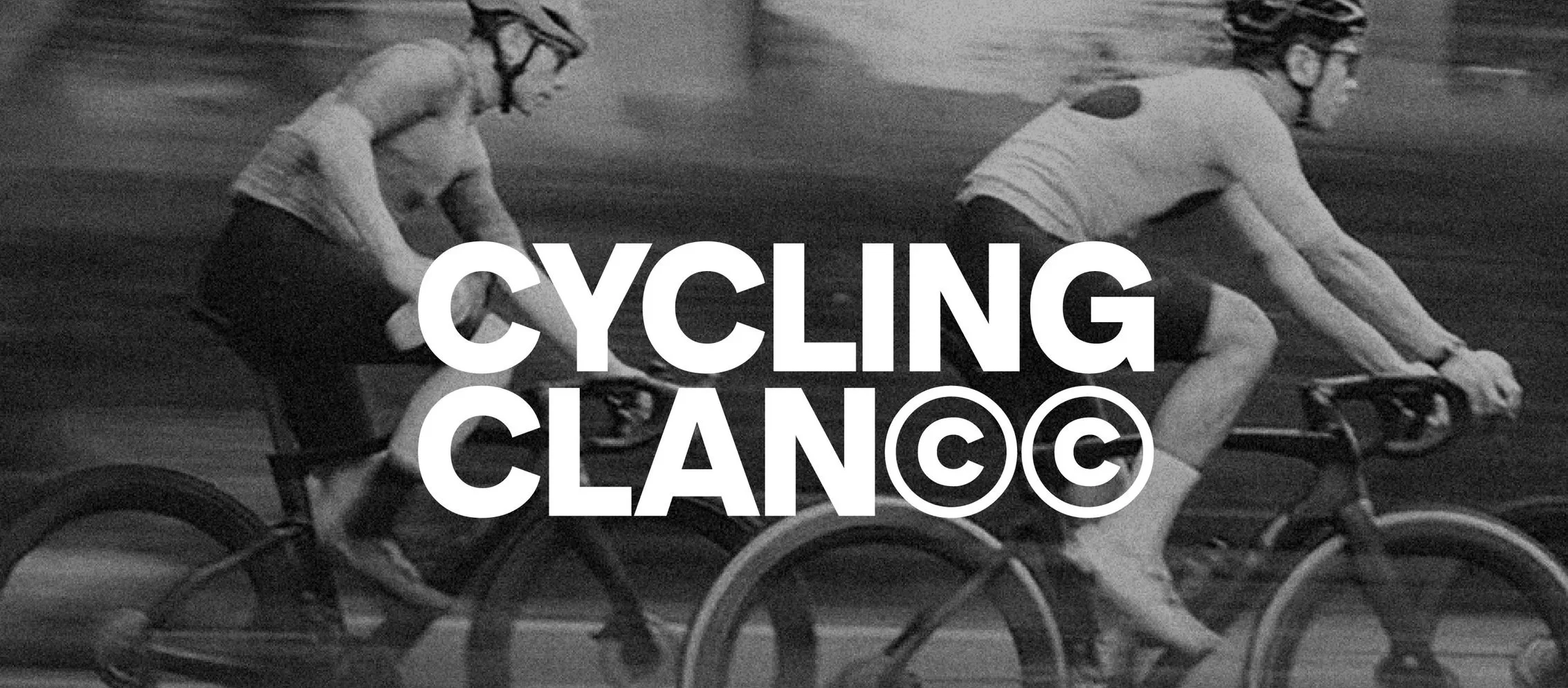 Two cyclists riding bikes, with a large overlay text saying 'CYCLING CLEAN' and two recycling symbols.