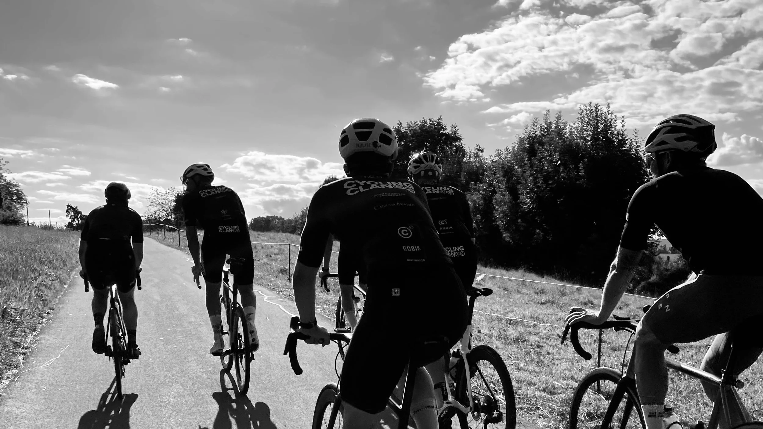 A group of five cyclists riding on a rural road on a sunny day, with trees and cloudy sky in the background, viewed from behind.