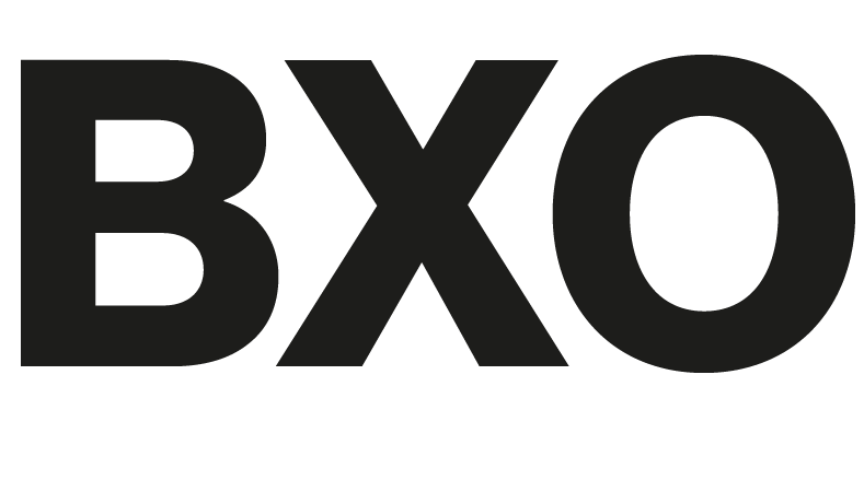 Black text displaying the word 'BXO' on a grey background.