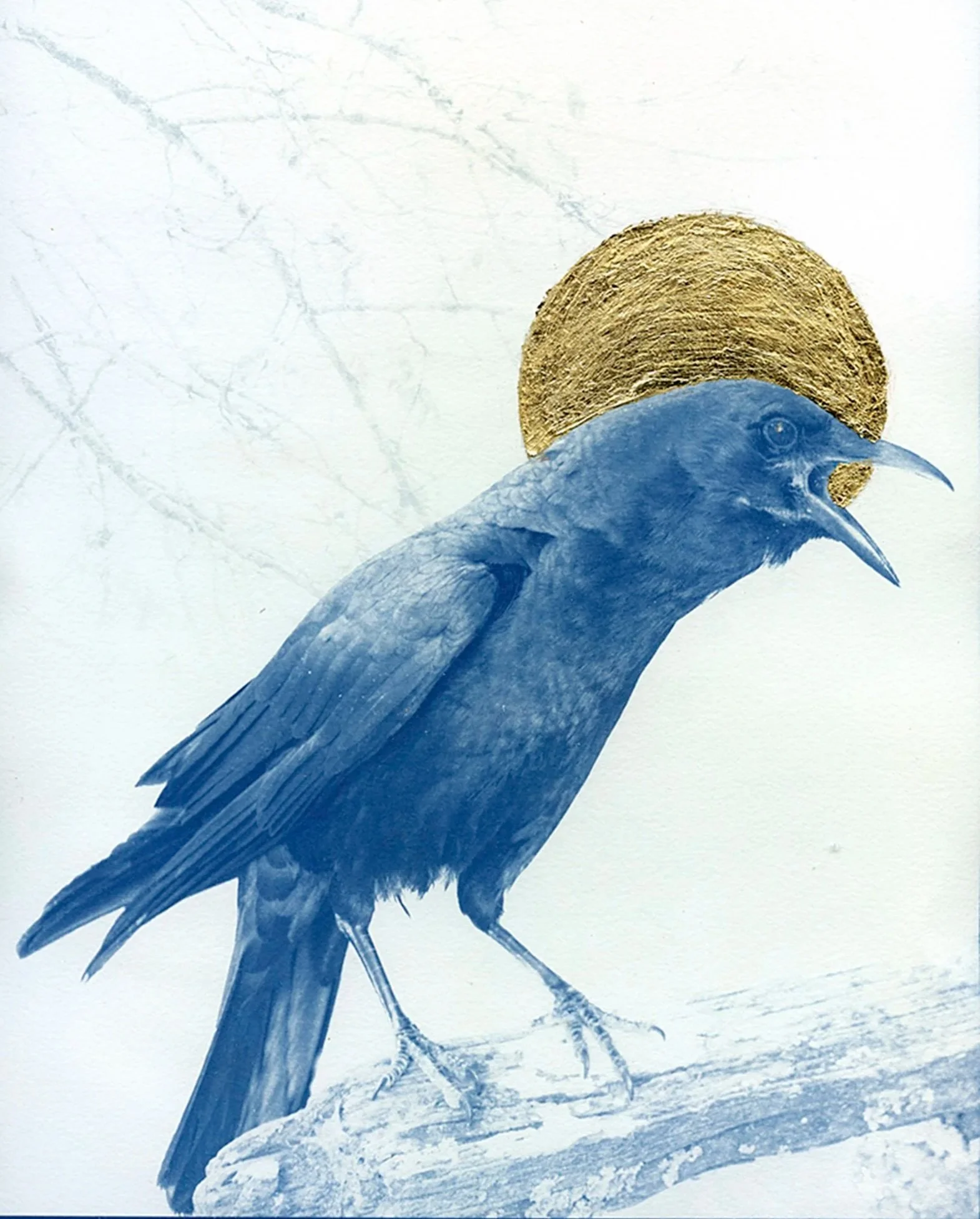 Early Morning Warning 8x10 on 7/8" cradled panel. Cyanotype with metal gilding, sealed with cold wax.
