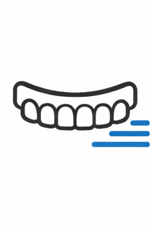 Stylized illustration of a smiling mouth with white teeth and blue motion lines.