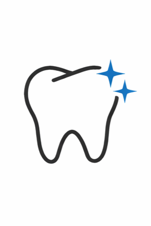 Outline of a tooth with two blue sparkle icons