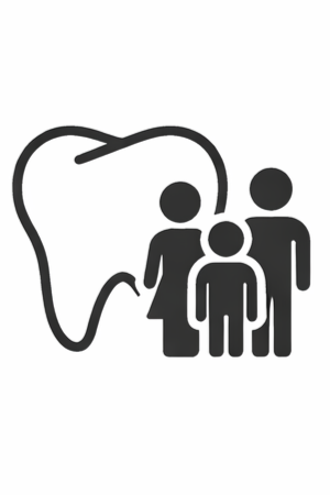 Icon of a tooth with three people underneath, representing dental care or oral health.
