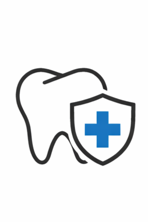 Tooth with a shield and blue cross symbol indicating dental health or dental protection