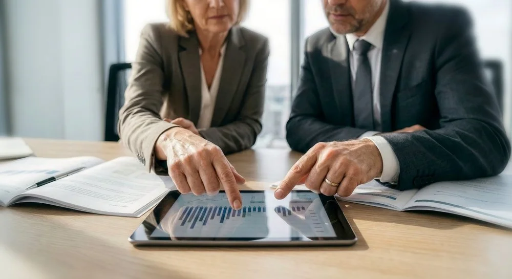 Investment analysts discussing scenario modeling