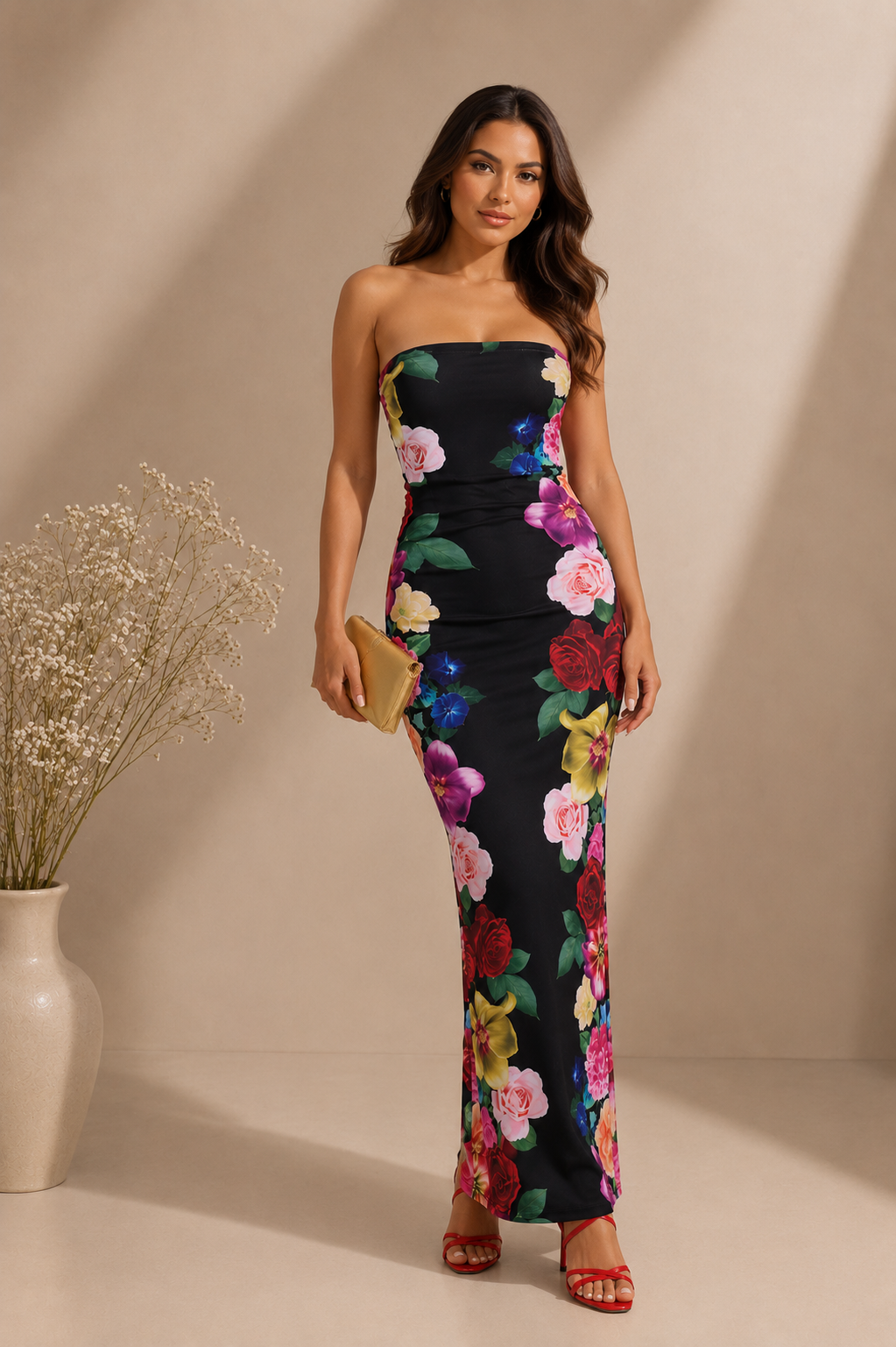 Robe longue Noir-Rose floral